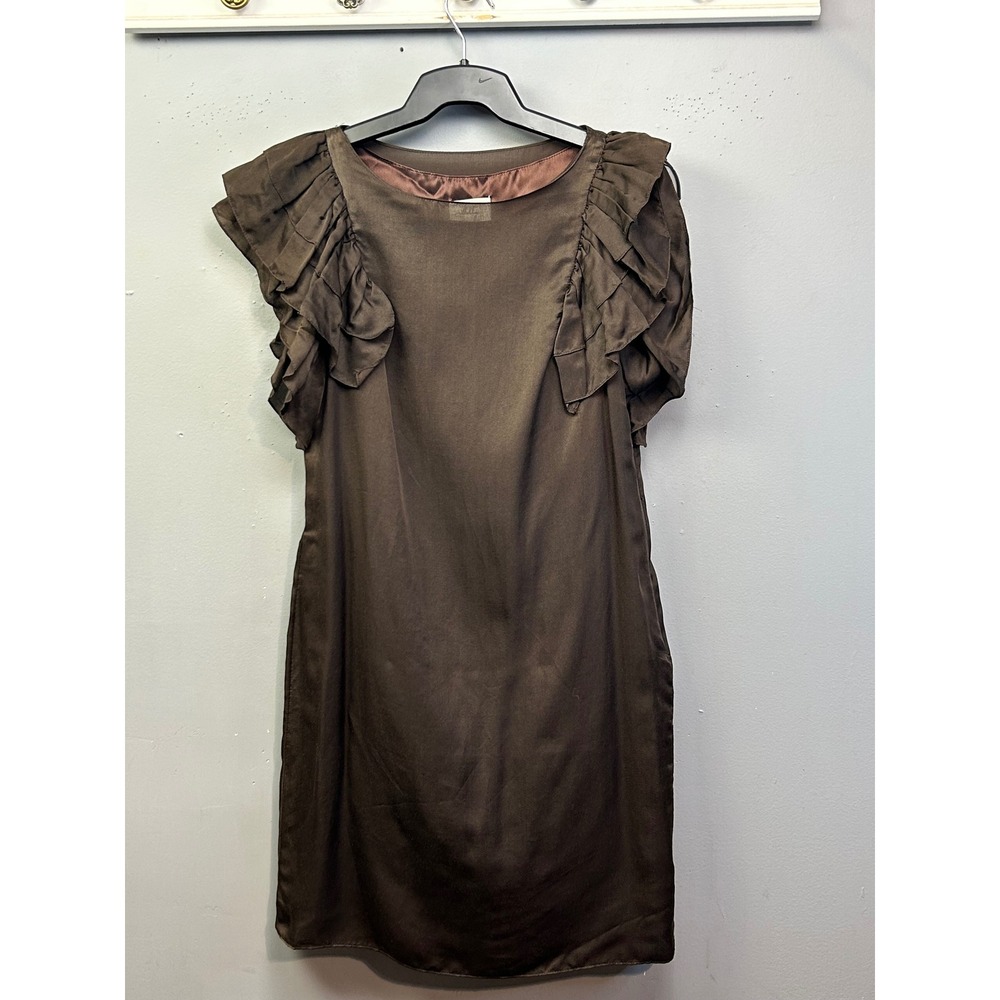 Milly Dress Women 6 Brown Silk Blend Ruffle Cap Sleeve Sheath Cocktail USA